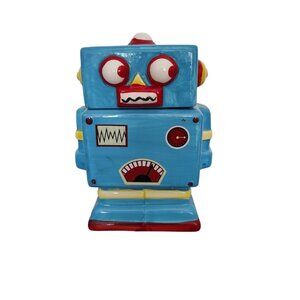VINTAGE BLUE ROBOT DROID CERAMIC COOKIE JAR